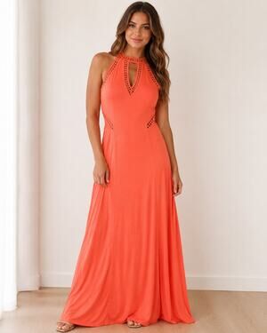 GUESS Coral Orange Maxi Dress L Crochet Cutout Halter Open Back Boho Resort
